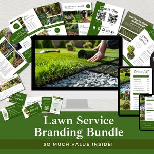 May include: A green and white lawn service branding bundle with a computer screen showing a person rolling out green turf. The bundle includes a price list, loyalty cards, and a thank you card. The text "Lawn Service Branding Bundle" and "SO MUCH VALUE INSIDE!" is displayed on the image.  The text "EDIT IN CANVA" is displayed in a green circle.
