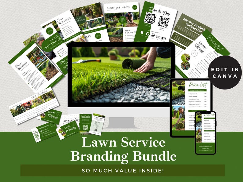 May include: A green and white lawn service branding bundle with a computer screen showing a person rolling out green turf. The bundle includes a price list, loyalty cards, and a thank you card. The text "Lawn Service Branding Bundle" and "SO MUCH VALUE INSIDE!" is displayed on the image.  The text "EDIT IN CANVA" is displayed in a green circle.
