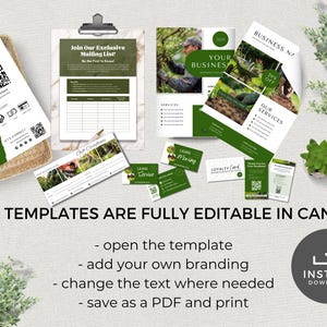 May include: A set of printable templates for a lawn care business. The templates include a scan to pay QR code, a mailing list sign-up form, a loyalty card, and a flyer with a 20% off discount. The text on the flyer reads "Business N?" and "Our Services". The templates are fully editable in Canva and can be saved as a PDF and printed.