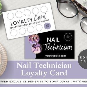 Nail Technician Loyalty Card Template: Purple & Black (Canva Editable, Instant Download)