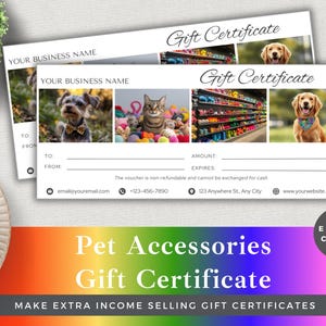 Certificado de regalo de accesorios para mascotas editable / Plantilla Canva / Descarga instantánea / Vale personalizable para suministros para perros, gatos y mascotas