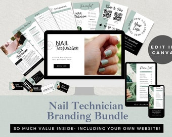 May include: A branding bundle for nail technicians, featuring a website mockup, price list, client appointment sheet, and business cards. The bundle is designed in a minimalist style with black and green accents.