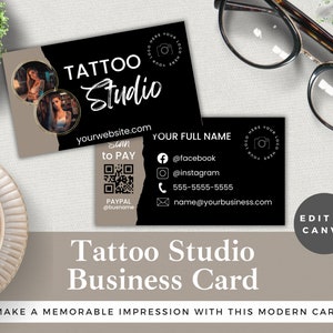 Plantilla de tarjeta de visita de Tattoo Studio editable / Editar en Canva / Descarga instantánea / Tarjetas de bricolaje de tienda de tatuajes de lujo / Diseño azul y negro