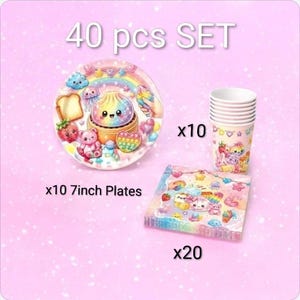 May include: A 40-piece party supply set featuring a 10-count of 7-inch round plates, 10 paper cups, and 20 napkins. Each item displays a colorful, cartoon-style graphic of a rainbow, a smiling dumpling, a strawberry, and a bear on a pink background.