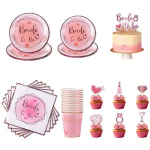 May include: A collection of pink party supplies for a bridal shower. Includes plates, napkins, cups, cupcakes, and a cake. The text "Bride To Be" is featured on several items. Decorative elements include hearts and diamonds.