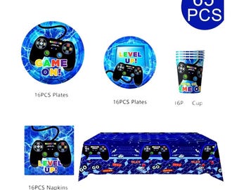 Juego de vajilla para fiesta de cumpleaños de gamer, 65 piezas.