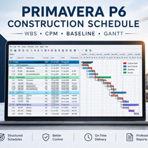 May include: A laptop screen displaying a Primavera P6 construction schedule with WBS, CPM, baseline, and Gantt chart data. The interface shows project activity names, durations, start and finish dates, and a colour-coded critical path timeline.