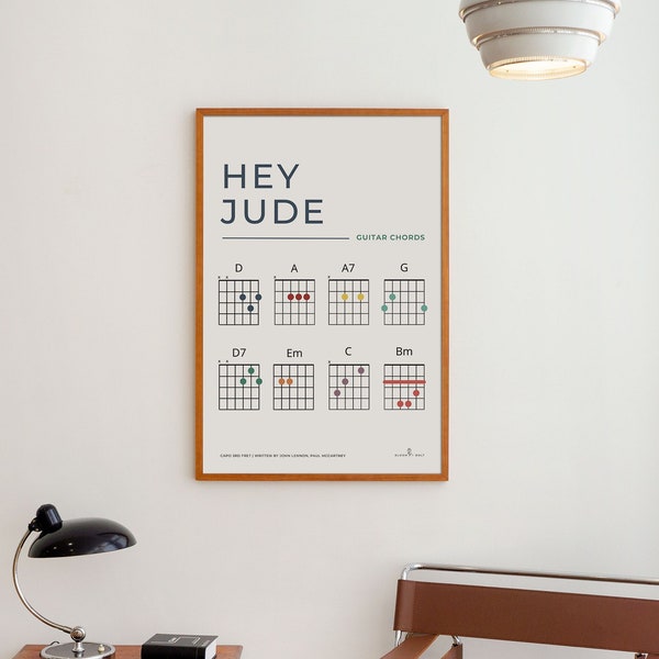 Hey Jude Guitar Chords Poster Download | Minimal Guitar Chord Chart Poster, Hey Jude song lyrics sign The Beatles poster wall art print