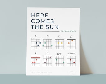 Here Comes The Sun Guitar Chords Poster Digital Download | Minimal Guitar Chord Chart Poster Printable, Here Comes The Sun print wall art