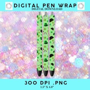 May include: Digital pen wraps with a St. Patrick's Day theme. The pen wraps are green with shamrocks, rainbows, and leprechaun hats. The text "DIGITAL PEN WRAP" and "DIGITAL DOWNLOAD" is at the top. The dimensions are 1.5" x 4.8".