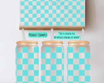 Blue Checkered Glass Can Wrap, Sublimation Design (Digital Download)