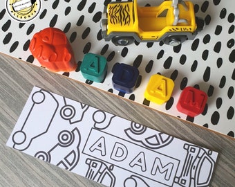 Personalised Name Crayons with Personalised ‘Colour Me In’ Bookmark- English - Car Theme. Crayon,Kids Gifts,Party Favours,Party Bags,Gift