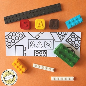 Personalised Name Crayons with Personalised ‘Colour Me In’ Bookmark- English - Brick Theme. Crayon,Kids Gifts,Party Favours,Party Bags,Gift