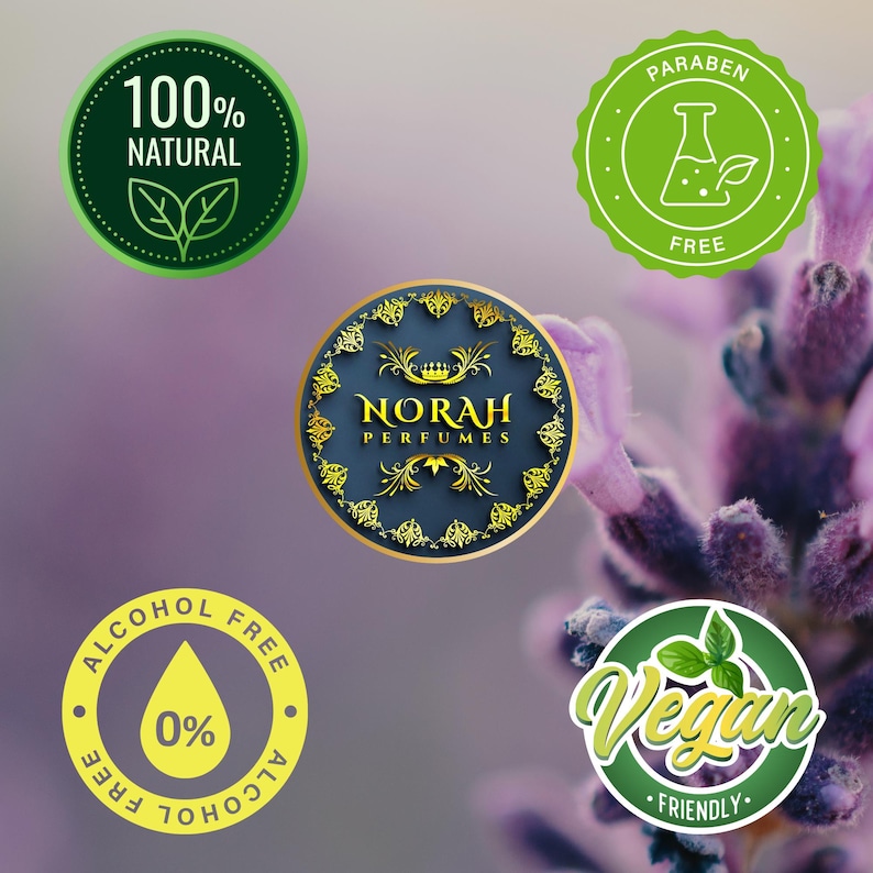May include: Image featuring several circular product labels. The labels include text such as "100% NATURAL", "PARABEN FREE", "ALCOHOL FREE 0%", and "Vegan Friendly". A central label reads "NORAH PERFUMES". The background is a soft purple with lavender flowers.