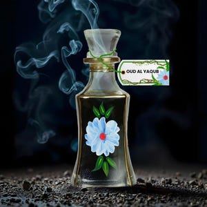 May include: A decorative perfume bottle with a clear glass stopper and a floral design. The bottle has a painted blue flower with a red center and green leaves. The label reads "OUD AL YAQUB".