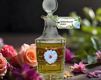 Mukhallat Rosy Attar tillverkad i Kannauj | Unisex parfymolja | Vegansk blandning av ros och bärnstensmusk | Handgjord arabisk blommig och träig doft, 100 % naturlig