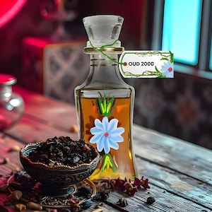 May include: A decorative glass bottle filled with amber liquid, featuring a blue flower and green accents. A tag reads "OUD 2000". A small, ornate bowl filled with dark, dried herbs sits in front of the bottle. The bottle has a clear stopper.