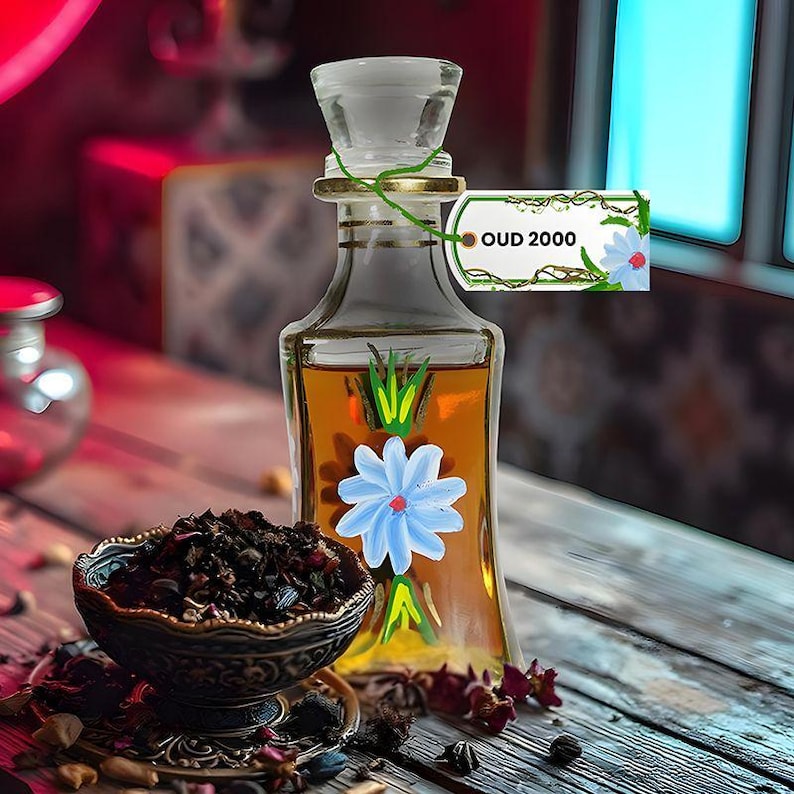 May include: A decorative glass bottle filled with amber liquid, featuring a blue flower and green accents. A tag reads "OUD 2000". A small, ornate bowl filled with dark, dried herbs sits in front of the bottle. The bottle has a clear stopper.