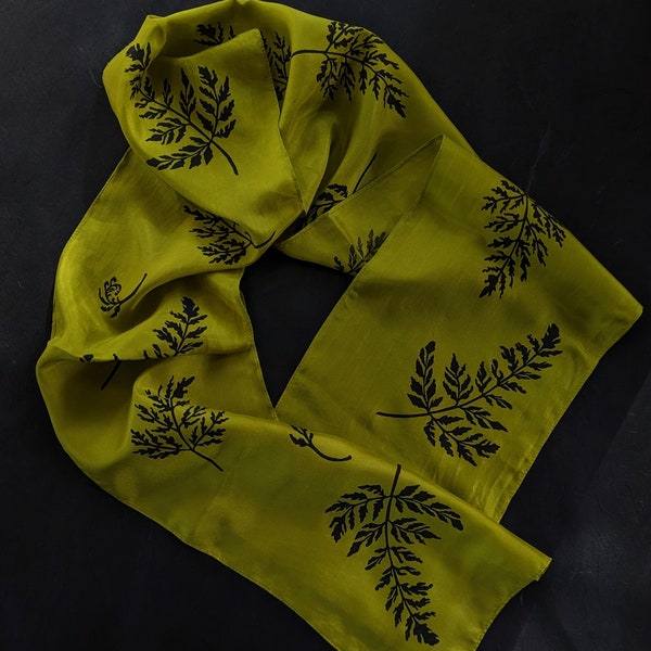 Fern Print Silk Scarf, Block Print on Pure Silk, Hand Dyed, Hand Printed, Silk Scarf, Hair Scarf