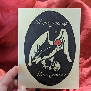 Eat You Up card set, Block Printed from Hand Carved Stamps, 3 Sets of Cards & Envelopes, Goth Valentine's Day card, Vulture and Skull