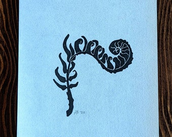 Fern Unfurling, block print on paper, signed and dated open edition, fern art, forest art, forager art, botanical art, PNW art