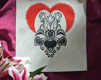 Embrace, cyclamen flowers, block print on paper, hand carved linoleum, Valentine