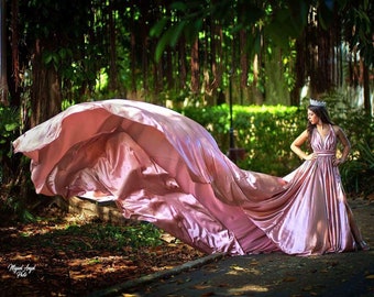 Flowy Long Train Photoshoot Dress|Off-Shoulder Long Train Satin Dress for Wedding | long Flying Satin Dress For Photoshoot