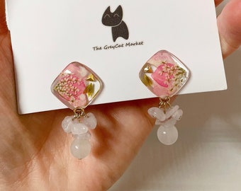 Getrocknete Blume handgemachte Harz Ohrringe; rosa Trockenblumen Ohrringe;echte Blume Schmuck;echte Blume Ohrringe; 925 Sterling Silber;