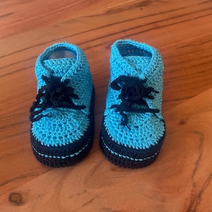 Handmade Crochet Baby Sneakers – Blue & Black, Soft Infant Booties, Baby Shower Gift