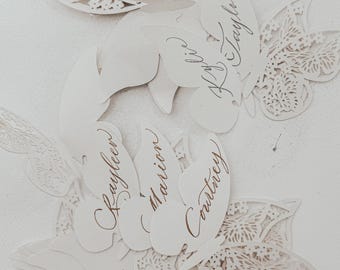 Calligraphy Three Dimensional Butterfly Place Cards/Glass Toppers