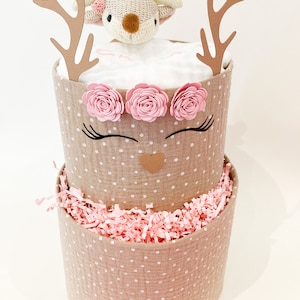 Tort pieluszkowy dla dziewczynek | Jeleń | różowy różowy | Baby shower, prezent na narodziny dziecka
