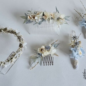 Stilvolle Hochzeitsaccessoires in blau-grau-creme /Haarschmuck, Haarkranz, Haarkrone, Anstecknadel, Anstecker Haarkamm / Braut / Bräutigam / Brautjungfer / Blumenkinder