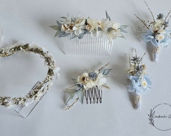 Stylish wedding accessories in blue-grey-cream / hair accessories, hair wreath, pin, hair comb / bride / groom / flower children