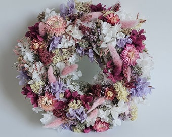 Trockenblumen-Mooskranz in lila-weiß- rosa, Tischdeko - Geschenkidee - Kranz - Wandschmuck, Trockenblumenkranz
