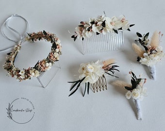 Hochzeitschmuck aus Trockenblumen in altrosa-grün-creme /Haarschmuck, Haarkranz / Anstecknadel / Haarkamm / Braut / Bräutigam / Blumenkinder