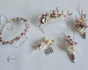 Elegantes Hochzeitsset in creme-weiß-rosa - Haarkranz, Anstecker, Haarschmuck, Haarkamm - Braut, Bräutigam, Brautjungfer, Blumenkind