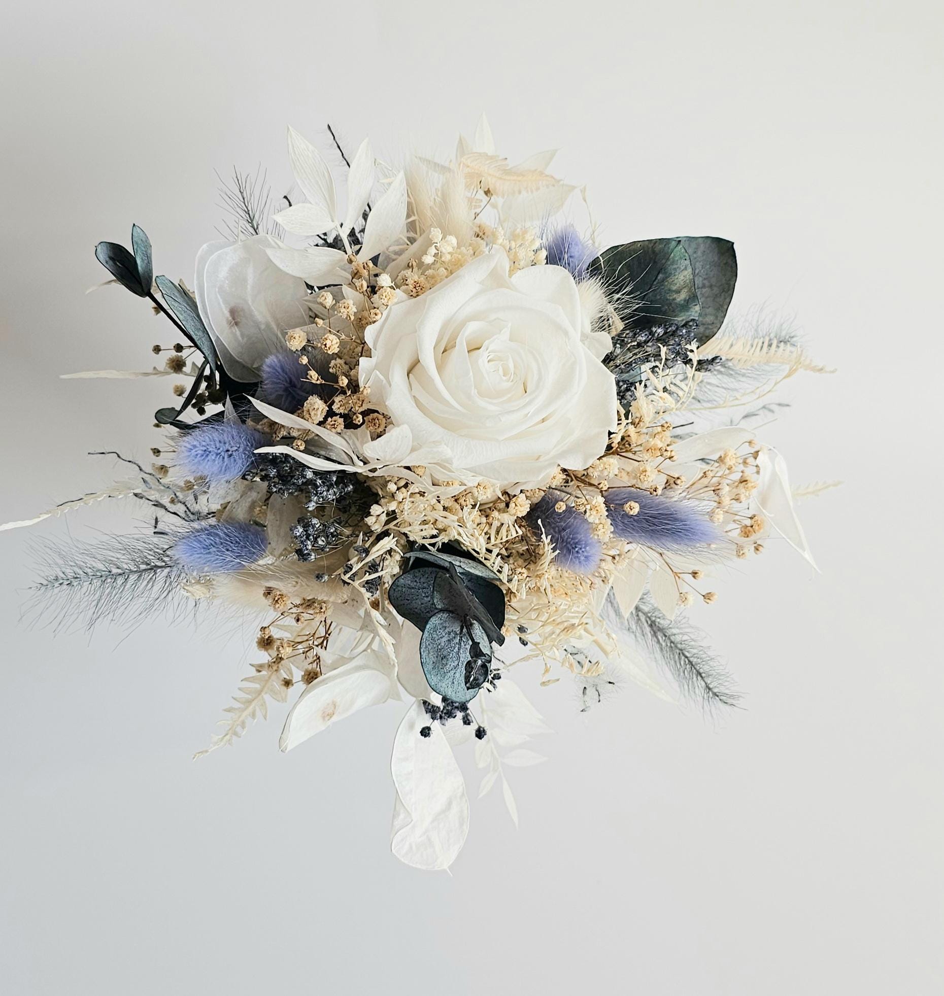 Kleiner Brautstrauß in blau-creme / Hochzeitsstrauß Dusty Blue / Hochzeit-Accessoires / Trockenblumenstrauß / Blumenstrauß I Artikel: 078