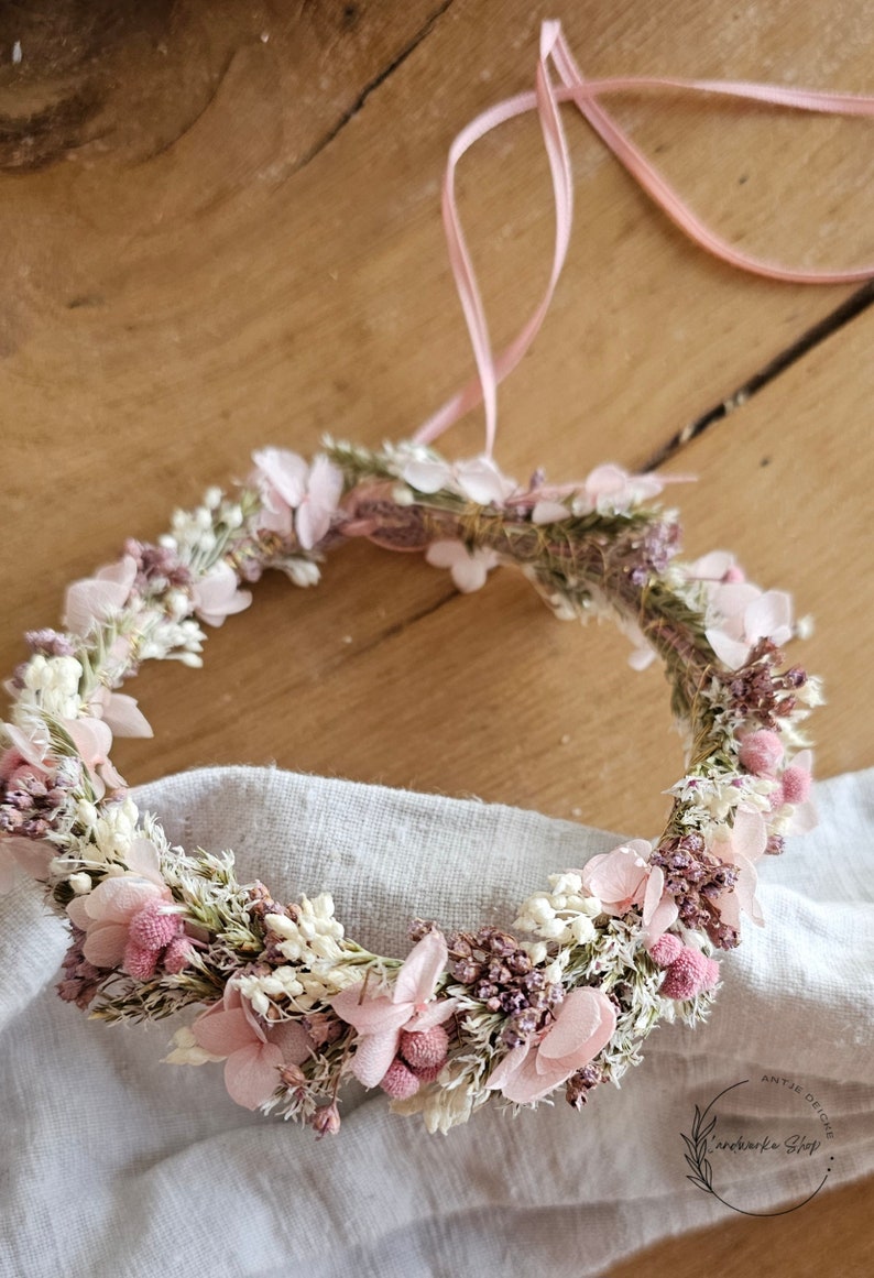 Haarkranz aus Trockenblumen in rosa-lila-weiß / Kopfkranz Brautschmuck Kopfschmuck Kommunion Brautjungfern JGA Bild 2