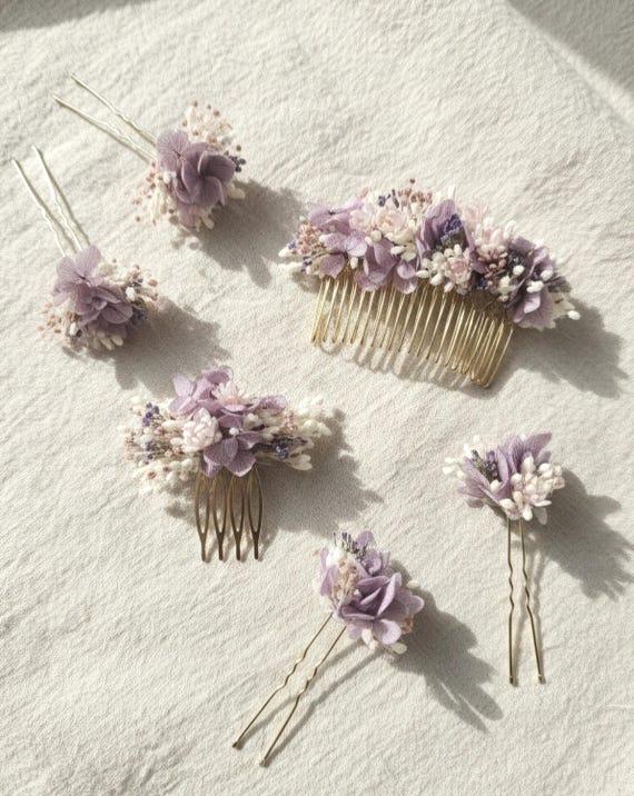 Haarkamm Trockenblumen in Fliedertönen | Brautschmuck Haarschmuck Hochzeit | Kopfschmuck Kommunion | Blumenschmuck mit echten Blumen