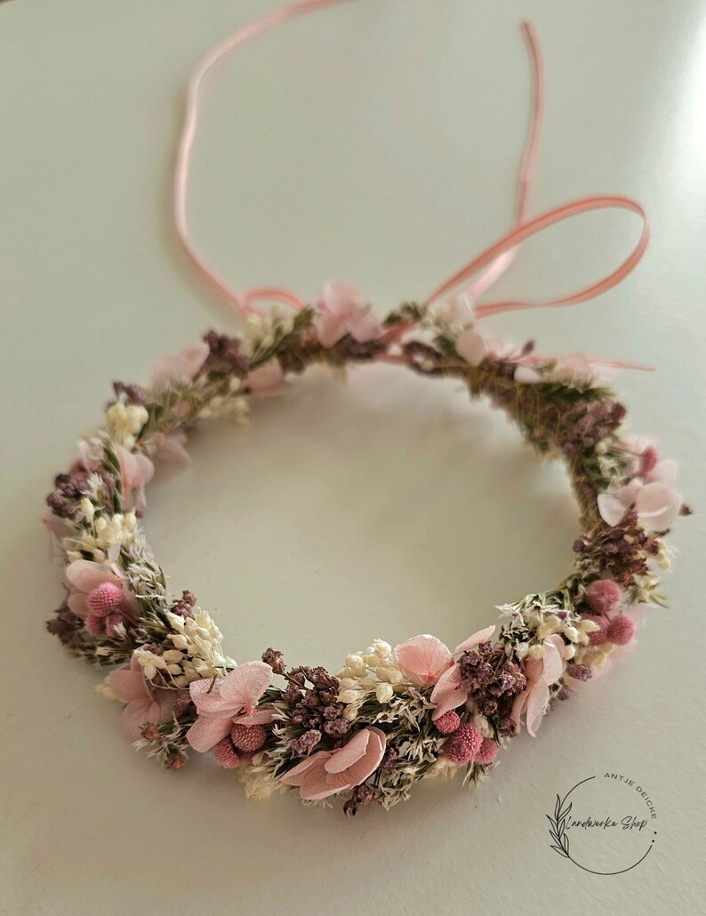 Haarkranz aus Trockenblumen in rosa-lila-weiß / Kopfkranz Brautschmuck Kopfschmuck Kommunion Brautjungfern JGA Bild 10