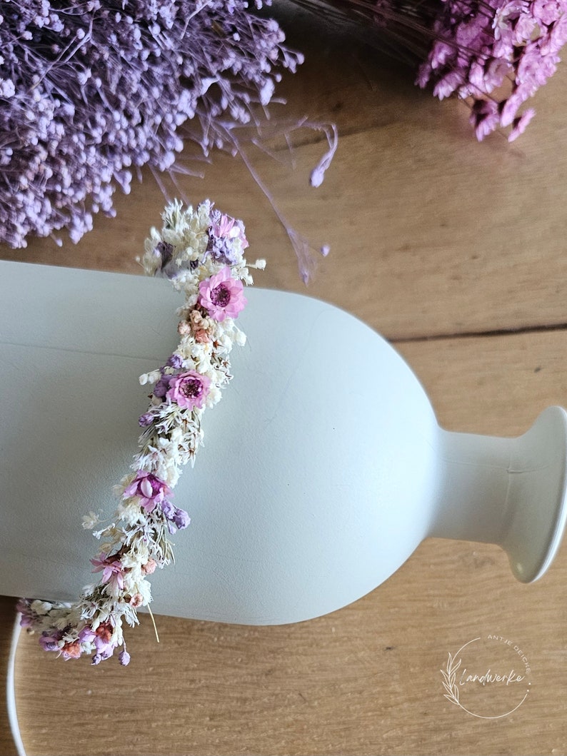 Zarter Haarkranz aus Trockenblumen in creme-rosa-lila / Kopfkranz Brautschmuck Kopfschmuck Kommunion Brautjungfern Haarschmuck Bild 9