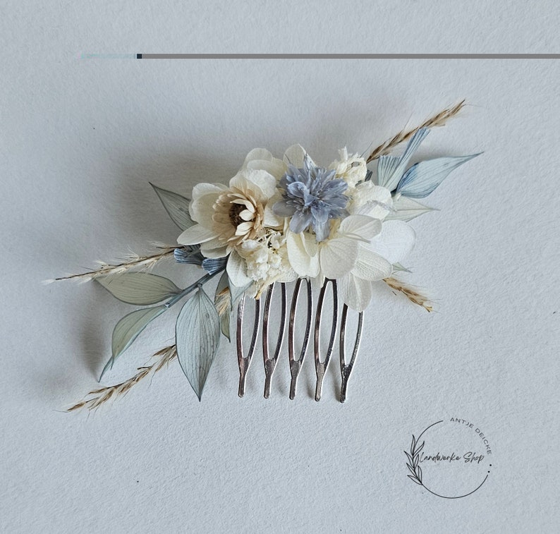 Stilvolle Hochzeitsaccessoires in blau-grau-creme /Haarschmuck, Haarkranz, Anstecknadel, Haarkamm / Braut / Bräutigam / Blumenkinder Bild 5