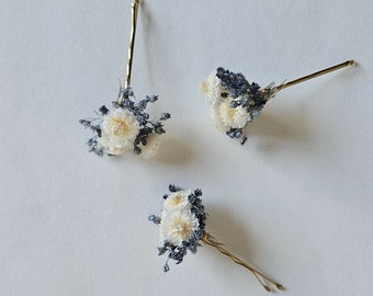 Haarnadeln aus echten Trockenblumen in creme-blau-grau für Hochzeit / Brautschmuck - Brautfrisur - Blumenmädchen - Haarschmuck