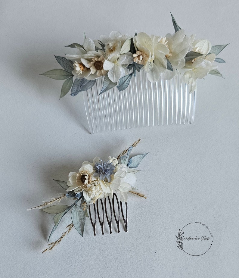 Stilvolle Hochzeitsaccessoires in blau-grau-creme /Haarschmuck, Haarkranz, Anstecknadel, Haarkamm / Braut / Bräutigam / Blumenkinder Bild 10