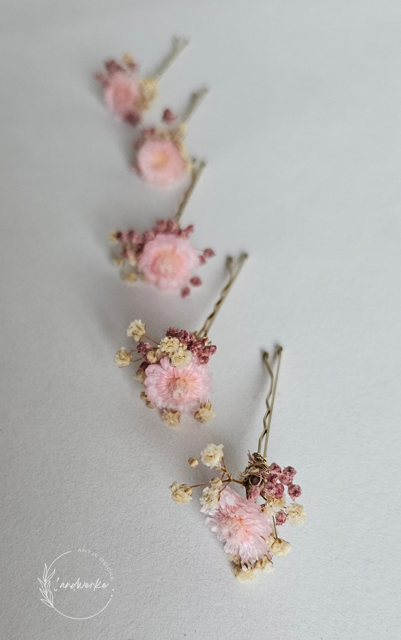 Haarnadeln aus echten Trockenblumen in creme-rosa für Hochzeit / Brautschmuck Brautfrisur Blumenmädchen Haarschmuck Brautjungfern Bild 4