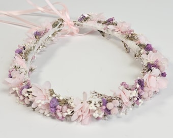 Pink, purple, and white dried flower crown | Flower crown for hair | Communion headpiece | Wedding hair accessory | Item: 026