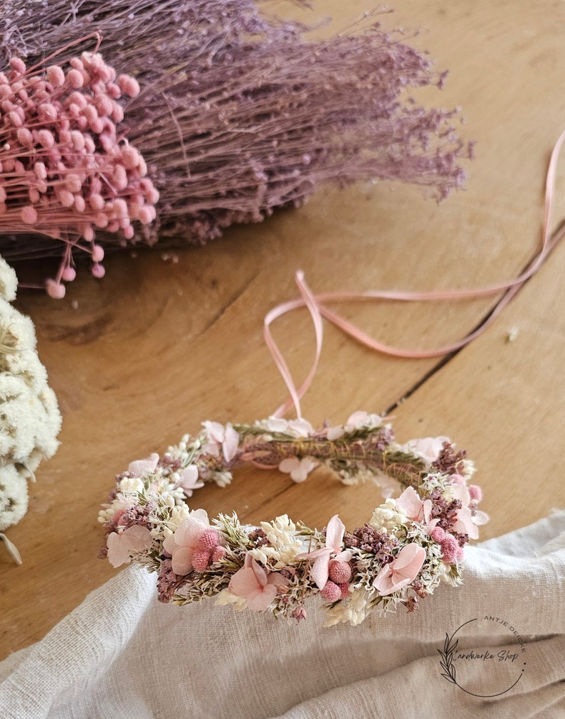 Haarkranz aus Trockenblumen in rosa-lila-weiß / Kopfkranz Brautschmuck Kopfschmuck Kommunion Brautjungfern JGA Bild 5