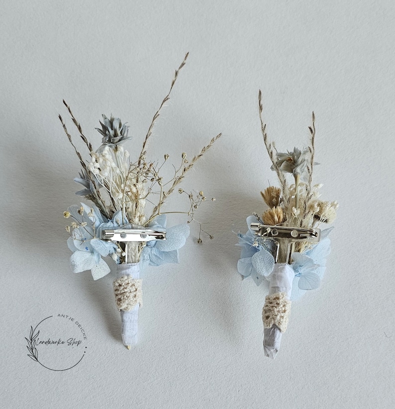 Stilvolle Hochzeitsaccessoires in blau-grau-creme /Haarschmuck, Haarkranz, Anstecknadel, Haarkamm / Braut / Bräutigam / Blumenkinder Bild 7