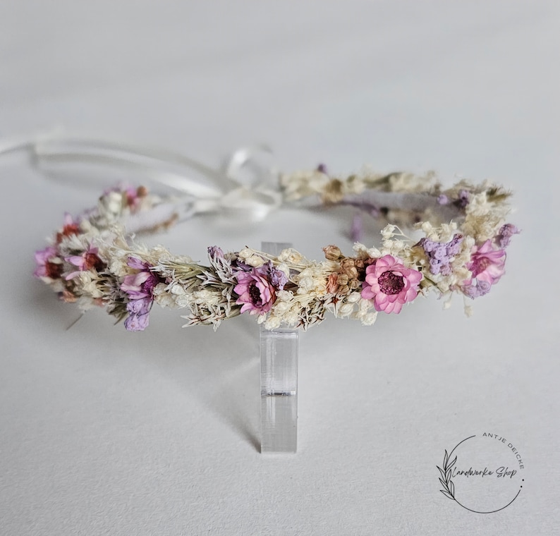 Zarter Haarkranz aus Trockenblumen in creme-rosa-lila / Kopfkranz Brautschmuck Kopfschmuck Kommunion Brautjungfern Haarschmuck Bild 5