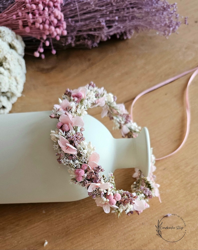 Haarkranz aus Trockenblumen in rosa-lila-weiß / Kopfkranz Brautschmuck Kopfschmuck Kommunion Brautjungfern JGA Bild 7